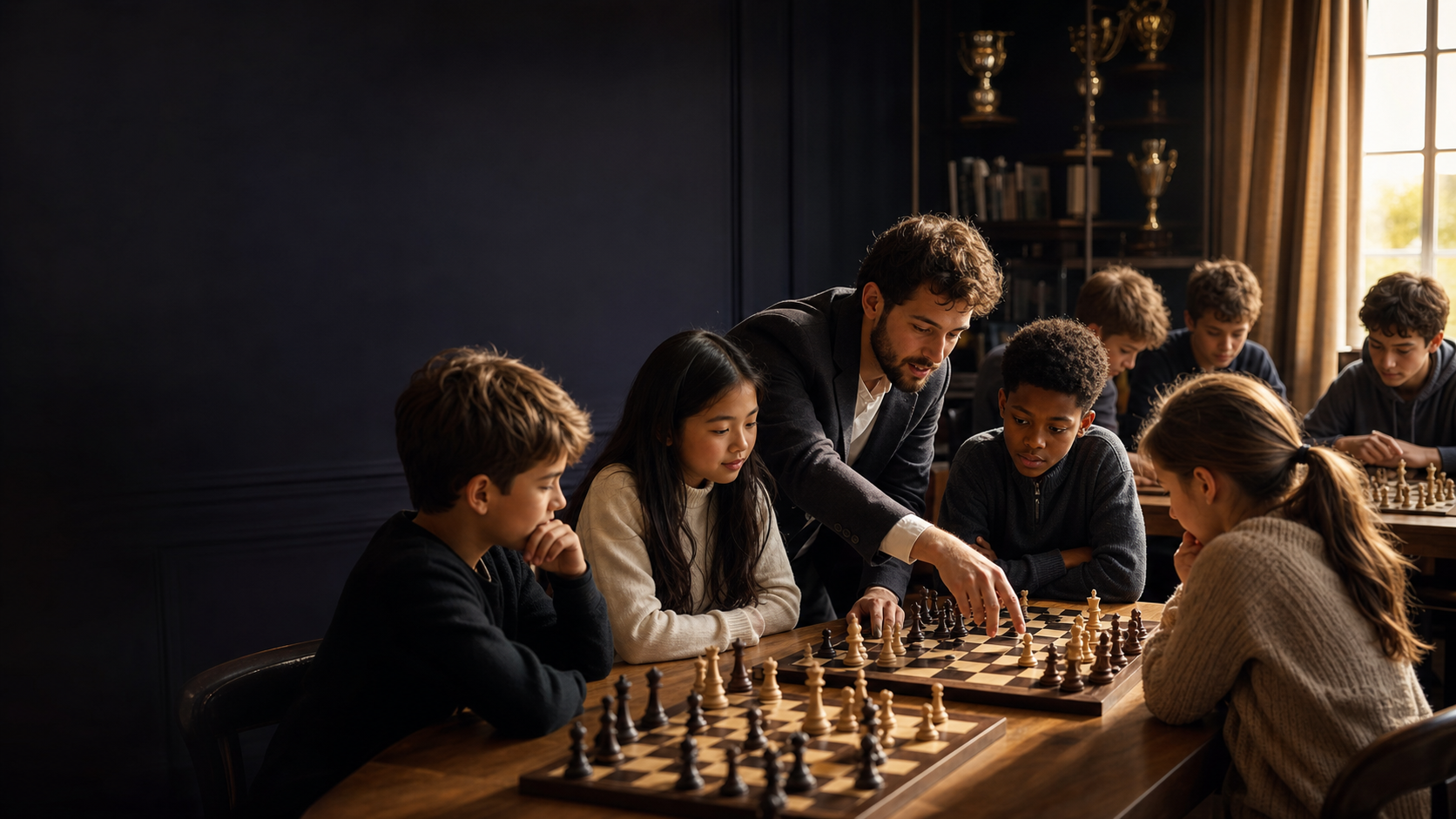 Chess academy students learning with a coach